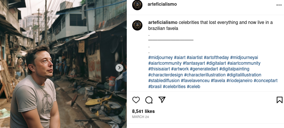 Captura de pantalla de la cuesta de Instagram de arteficialismo. Imagen: Elon Musk está sentado en la calle de una favela, mirando con cara melancólica a un punto indeterminado. 